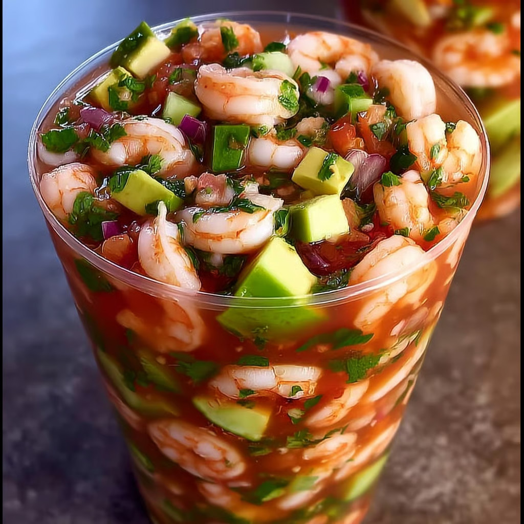 A cup of shrimp cocktail with a zesty style.