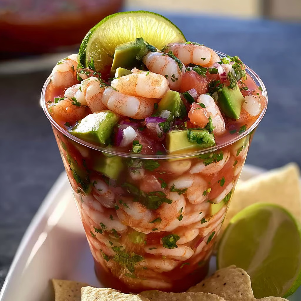 A cup of shrimp cocktail with lime wedges.