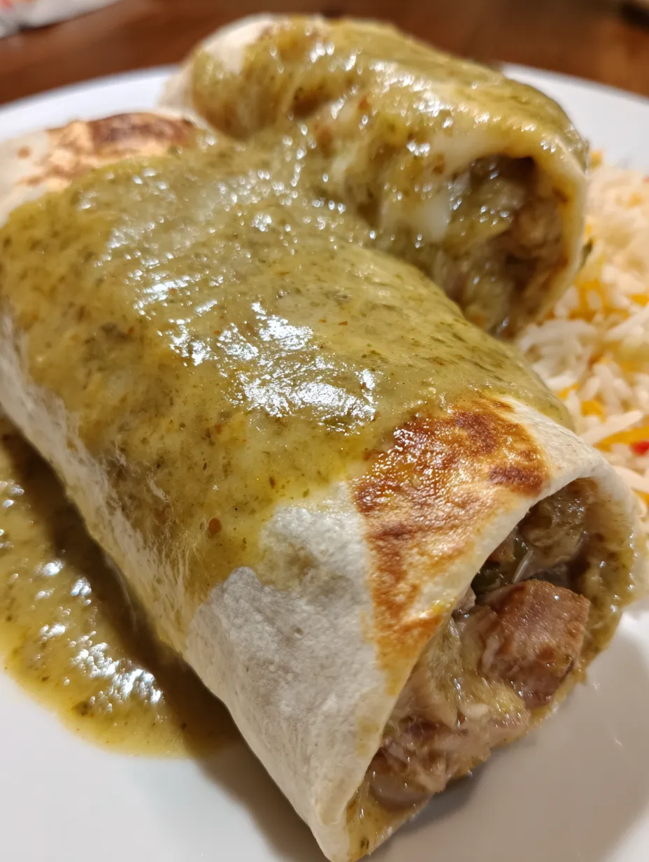 A burrito with chili verde sauce on a plate.