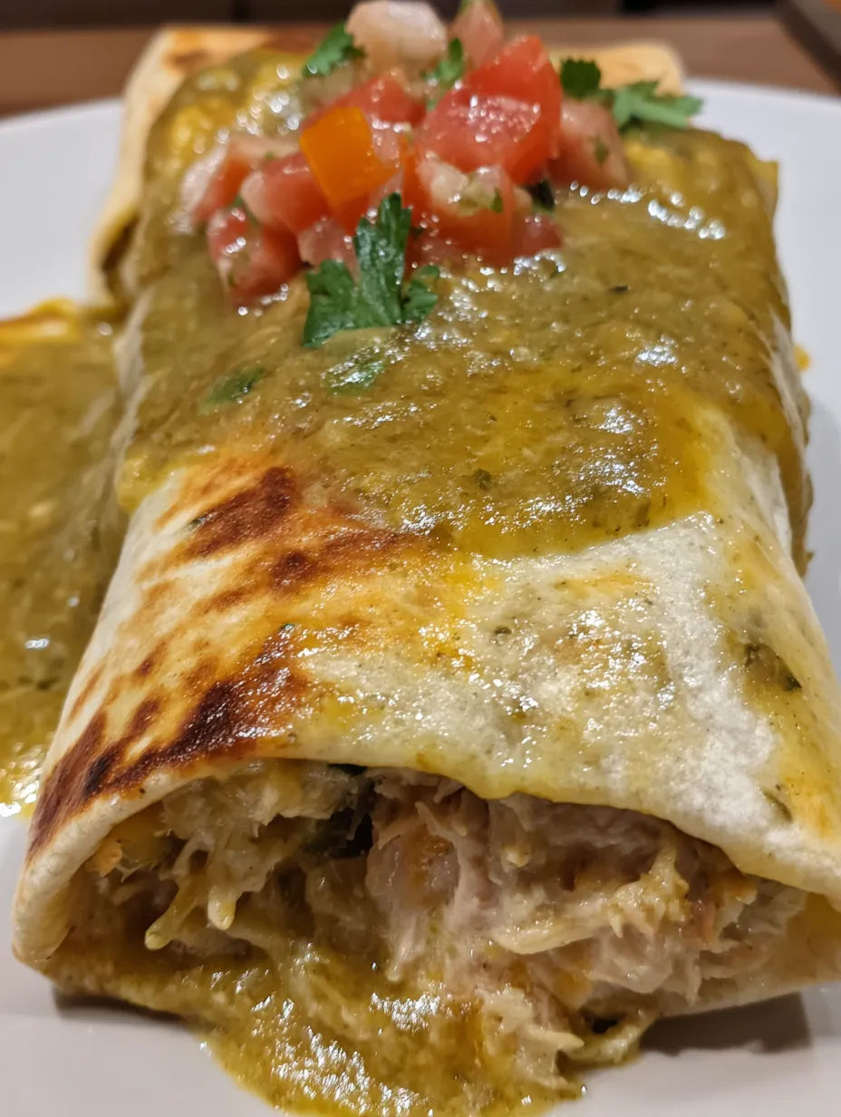 A burrito with chili verde and hatch green chile sauce.