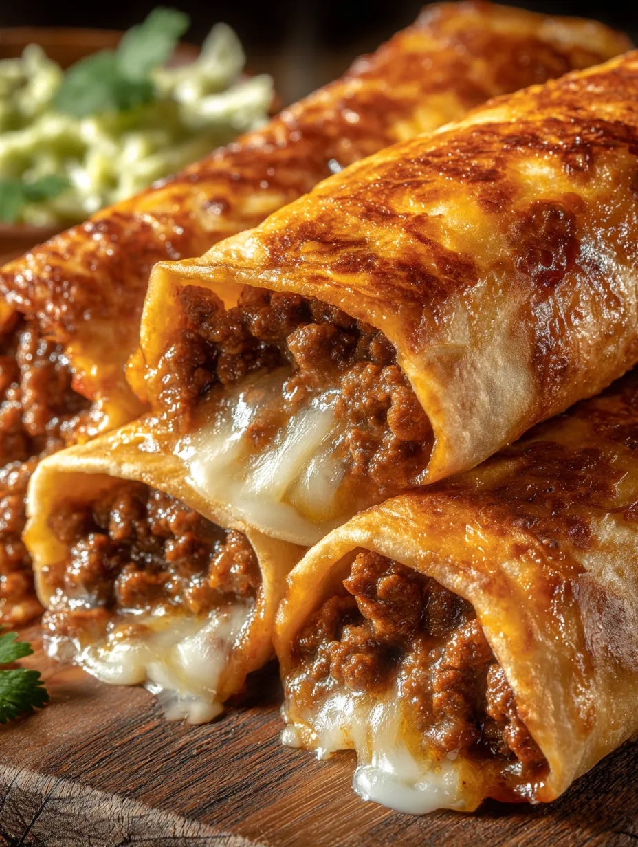 Crispy beef and cheese chimichangas.