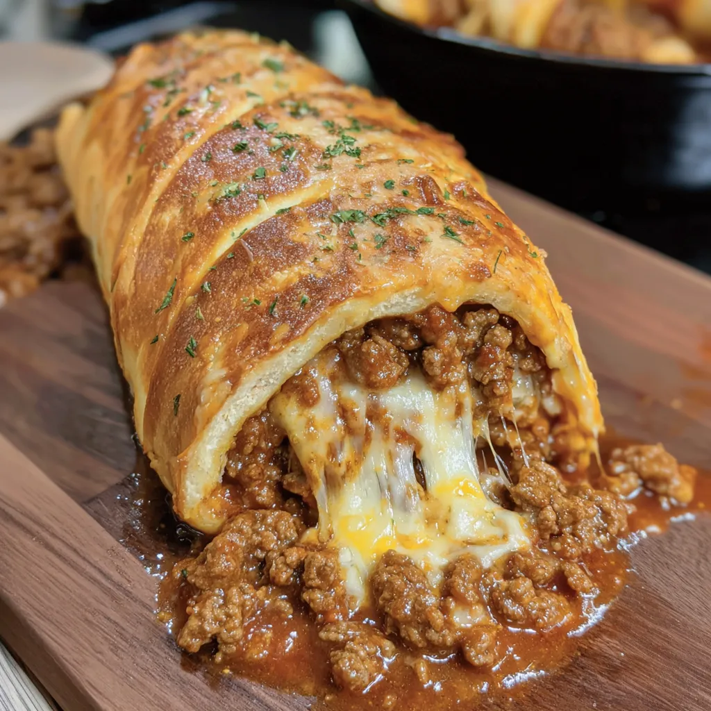 A cheesy sloppy joe stromboli on a wooden cutting board.