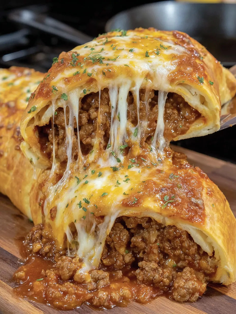 A cheesy sloppy joe stromboli on a wooden cutting board.