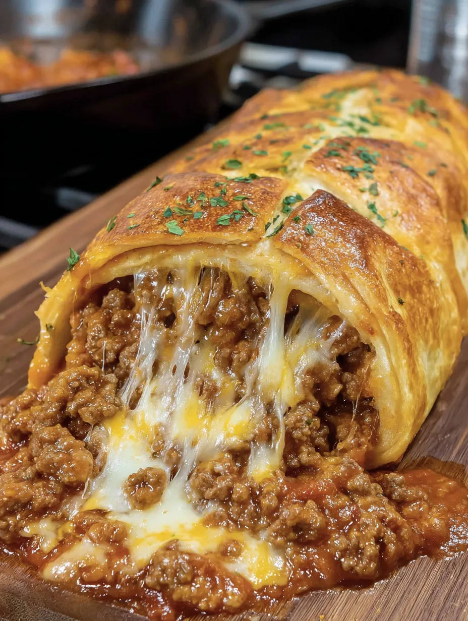 A cheesy sloppy joe stromboli.
