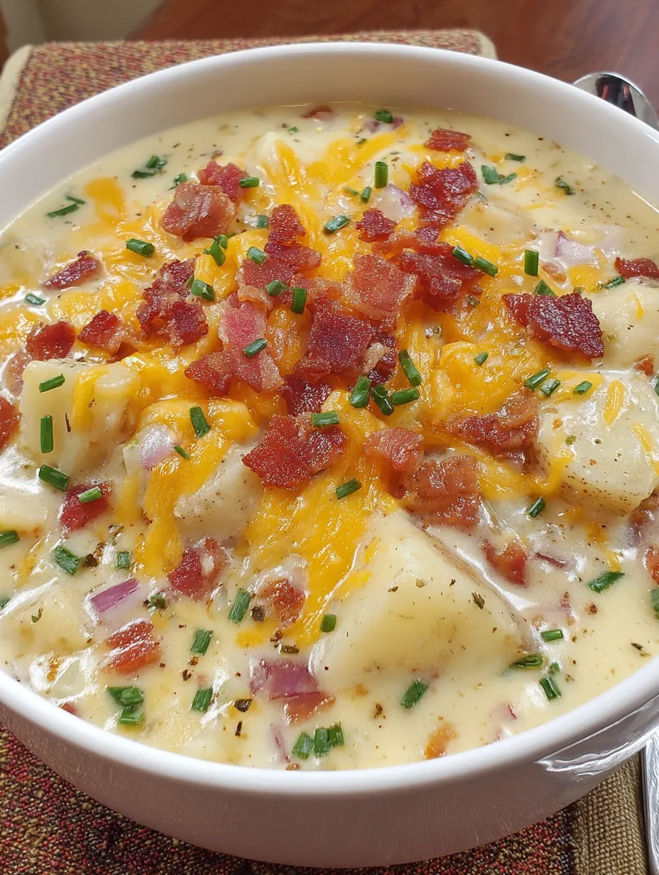 A bowl of loaded potato soup with bacon and cheese.