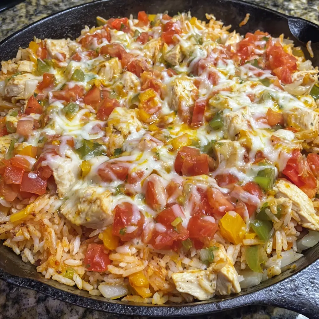 A delicious looking meal of chicken and rice with tomatoes and cheese.