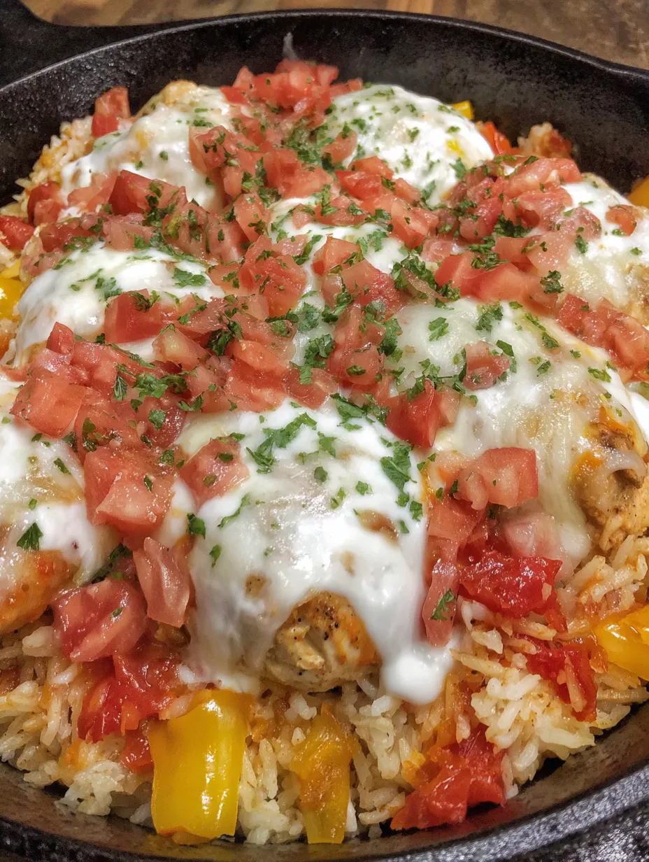 A dish of queso salsa chicken and rice.