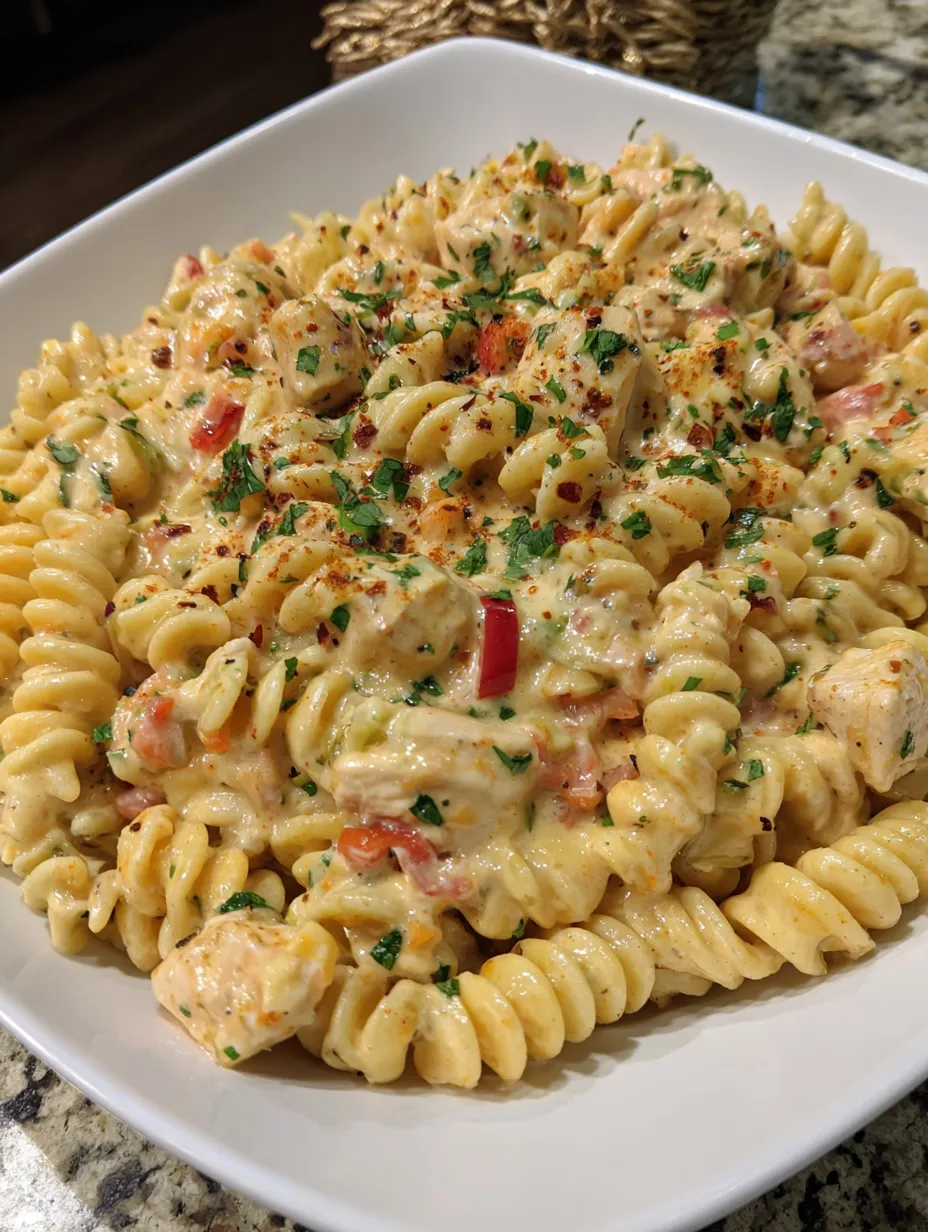 A plate of Rotel Chicken Pasta.
