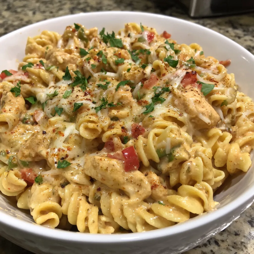 A bowl of Rotel Chicken Pasta.