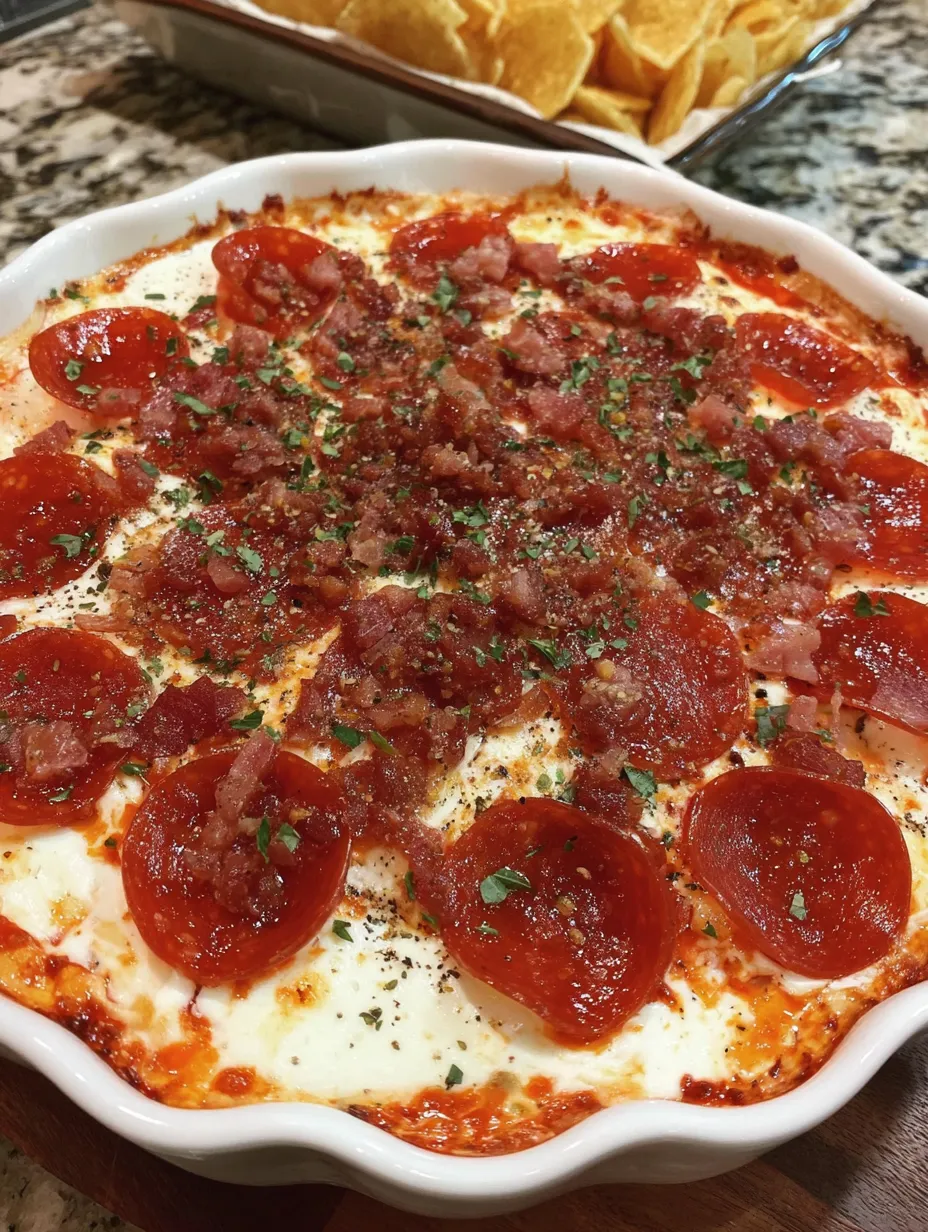 A pizza dip with pepperoni and cheese.