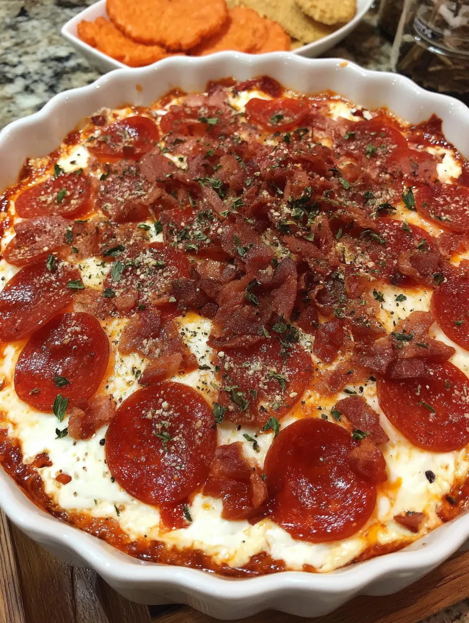 A white bowl filled with pizza dip.