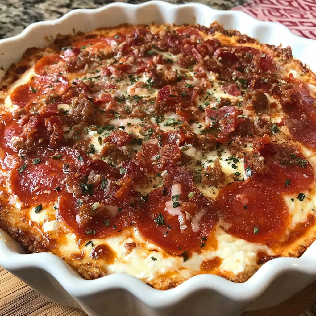 A white bowl filled with a pizza dip.