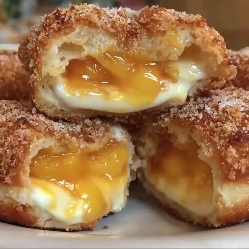 Peach Cobbler Cheesecake-Stuffed Donuts.