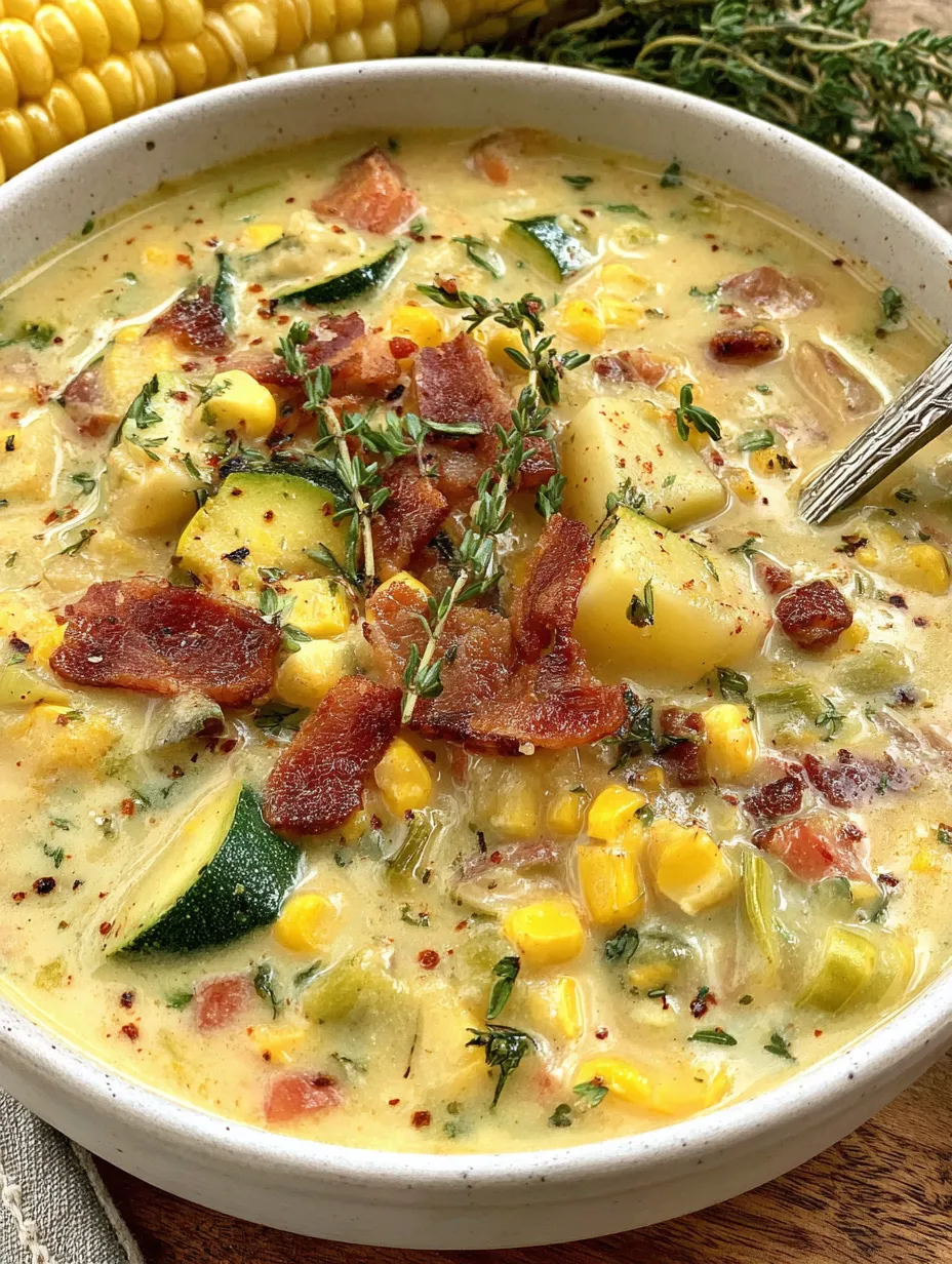 A bowl of soup with corn and zucchini.