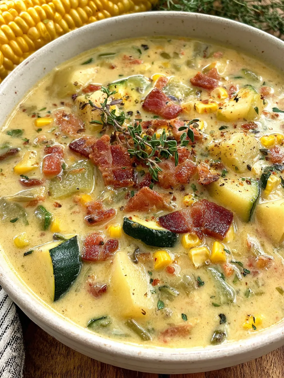 A bowl of soup with corn and zucchini.