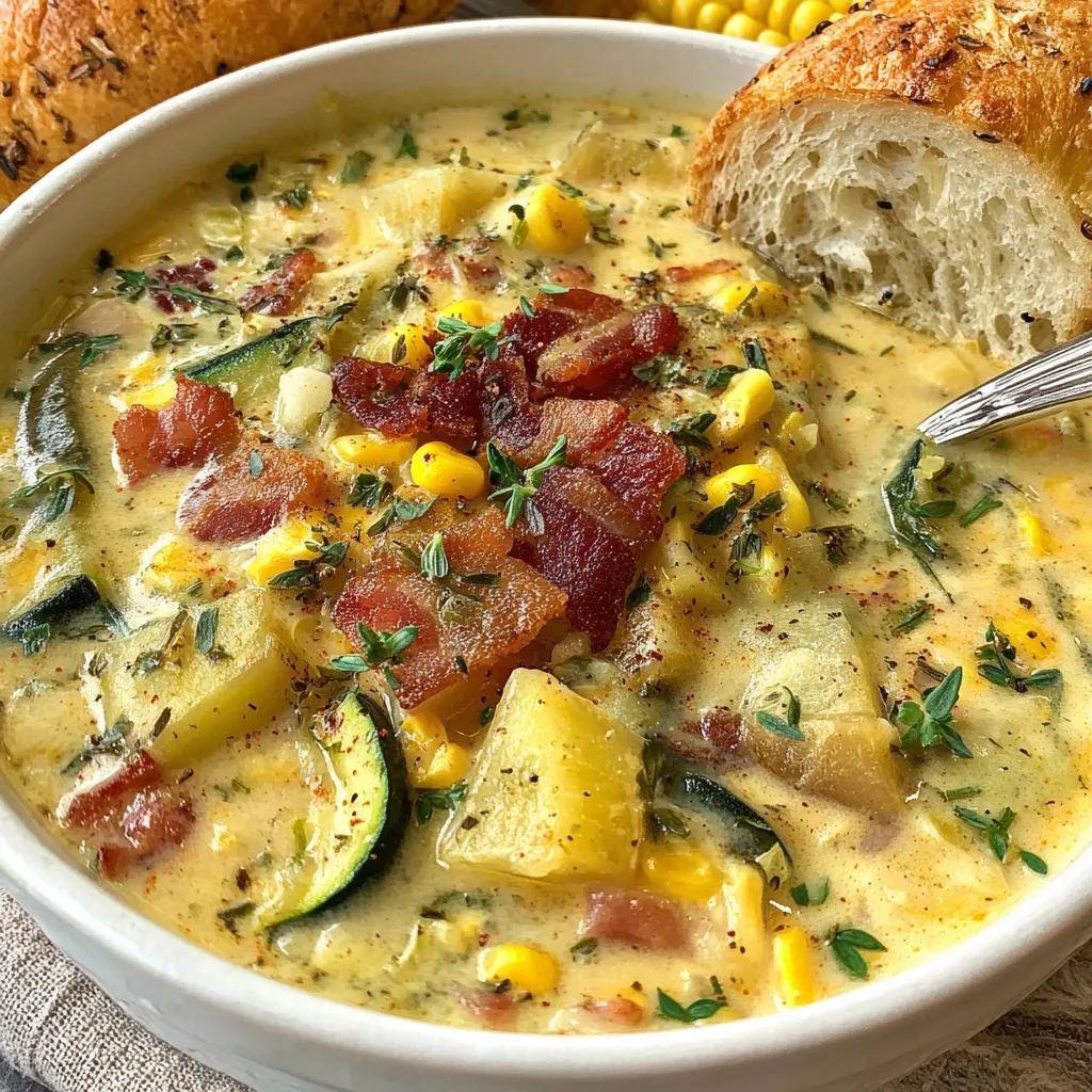 A bowl of soup with corn and zucchini.