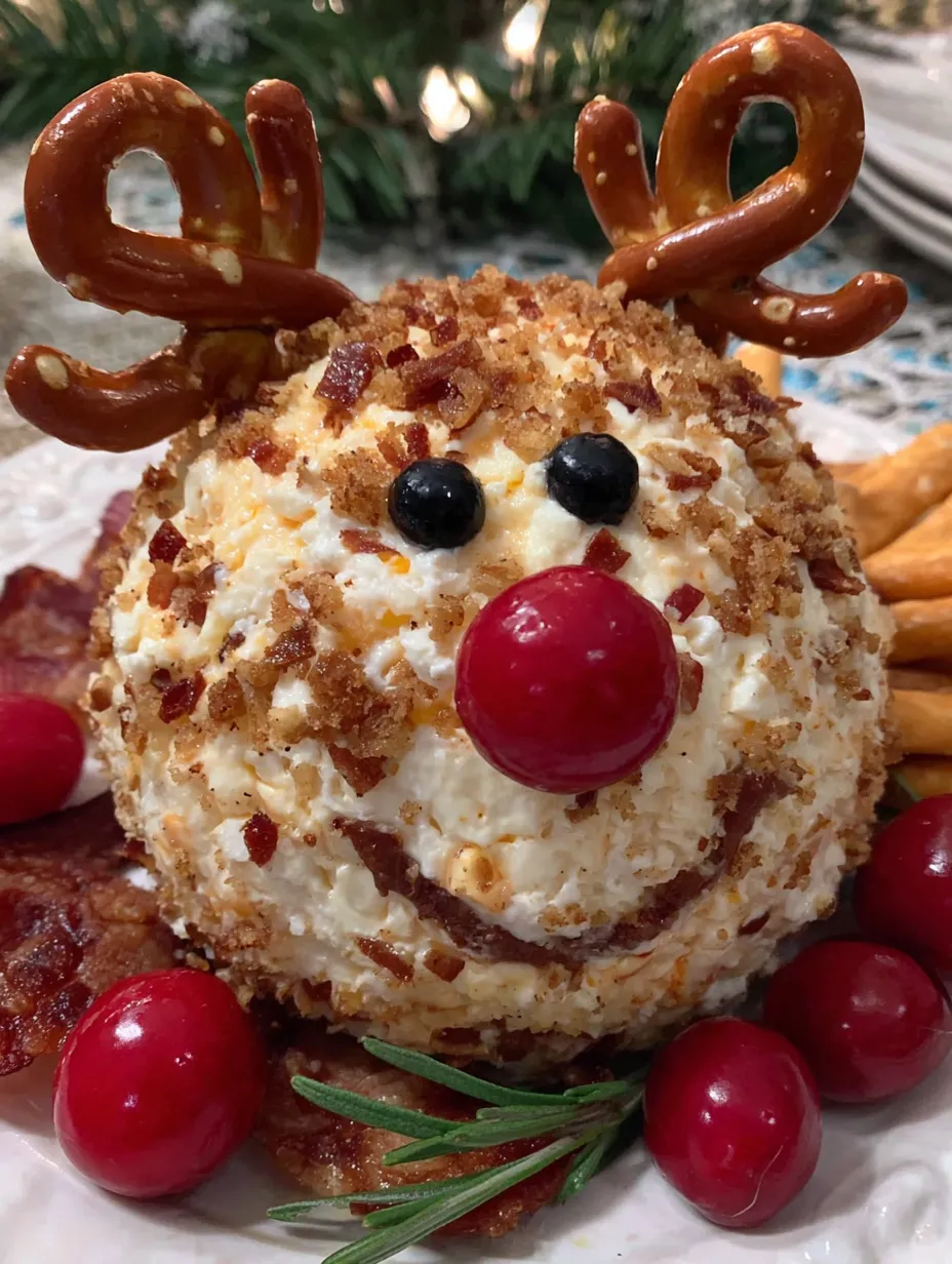 A cheese ball shaped like Rudolph the red nosed reindeer.