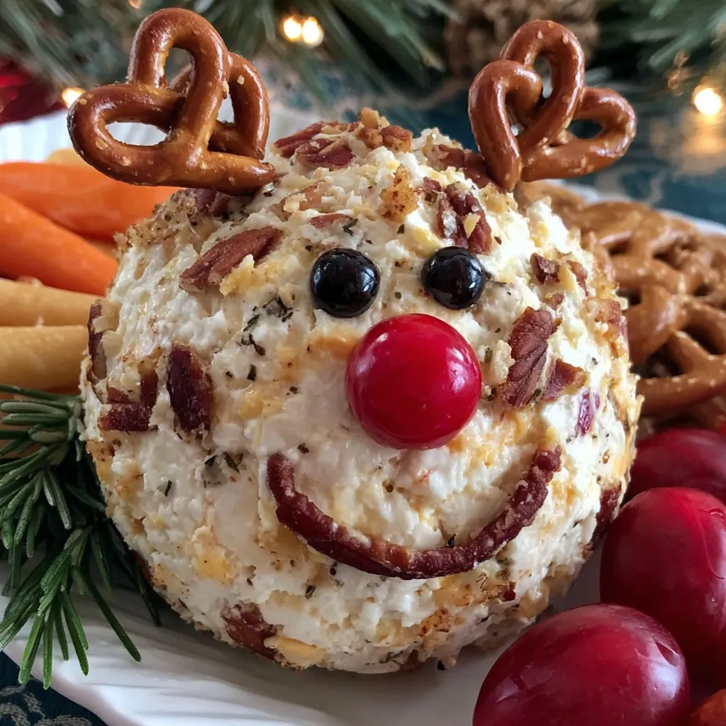 A cheese ball shaped like Rudolph the red nosed reindeer.
