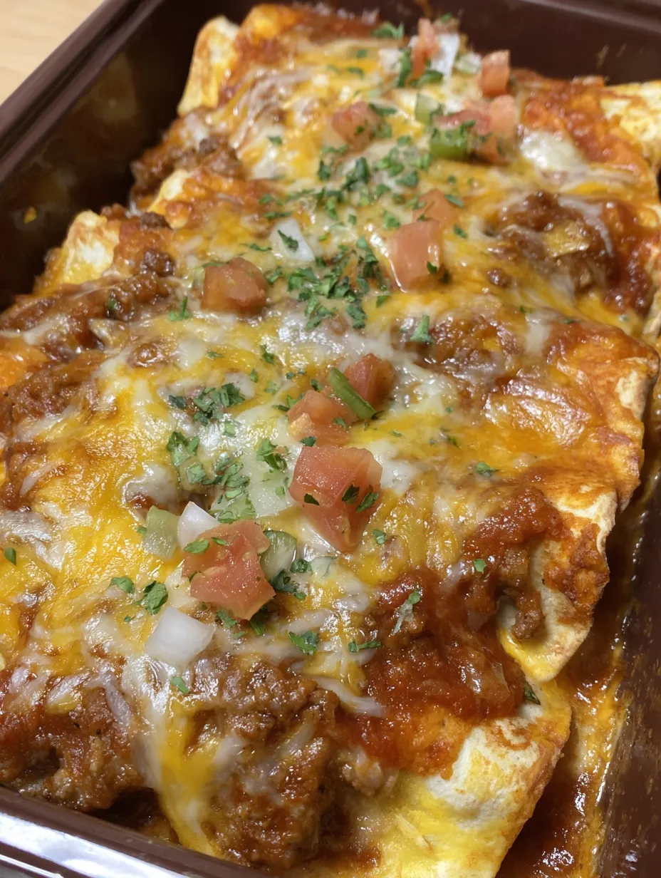 A dish of ground beef and potato enchiladas.