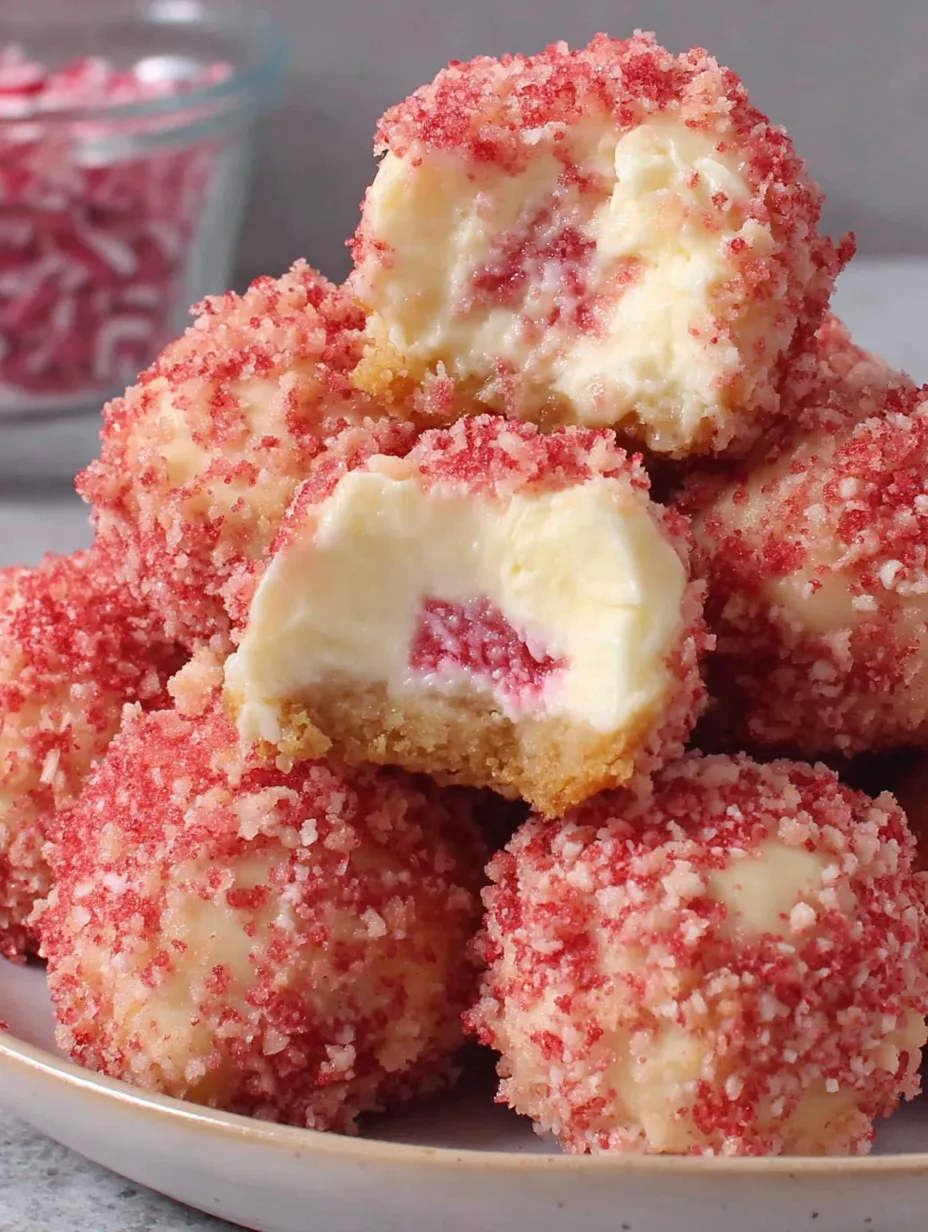 A plate of strawberry crunch cheesecake bites.