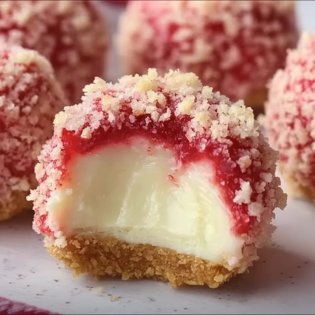A close up of a strawberry cheesecake dessert.