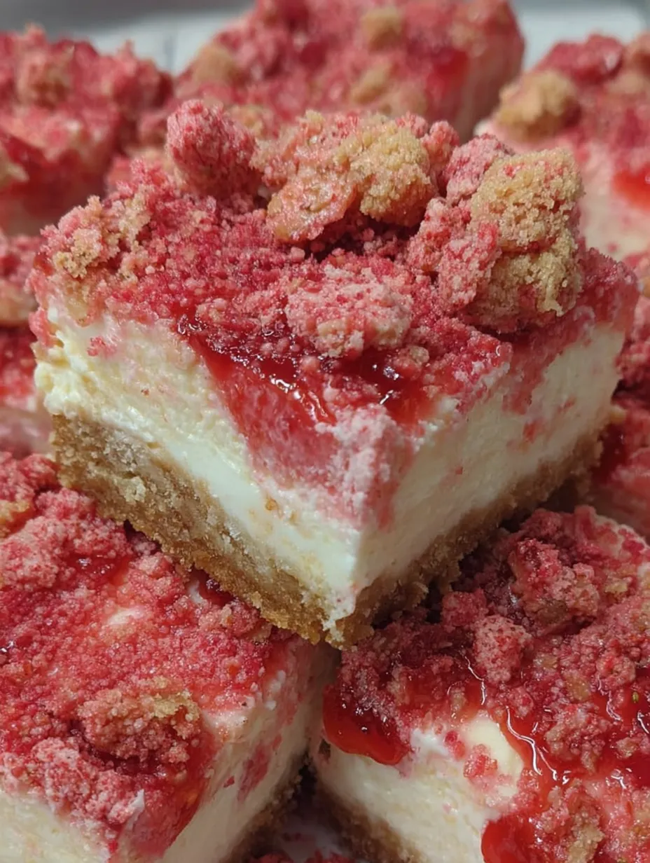 A slice of strawberry crunch cheesecake.