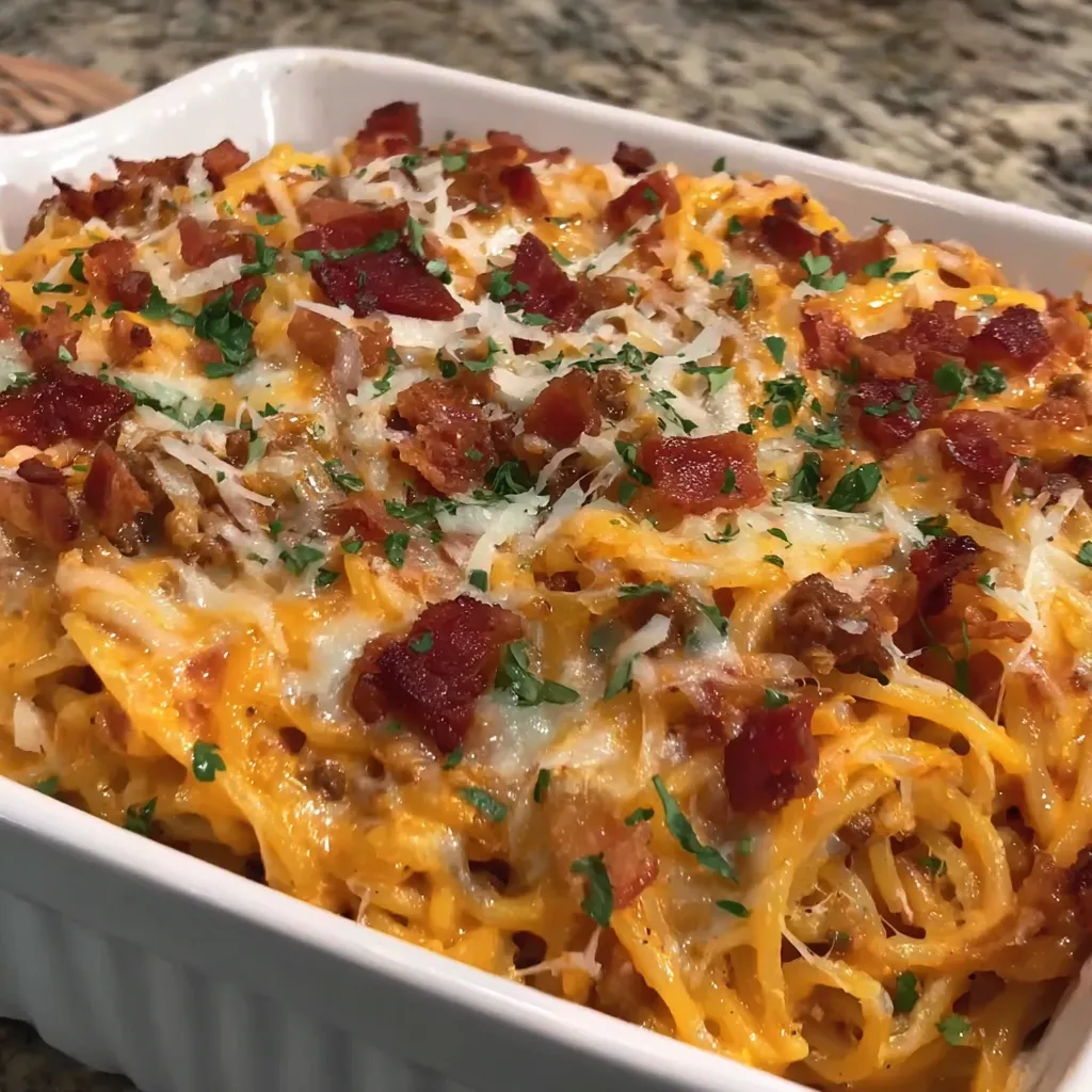 A dish of spaghetti with bacon and cheese.