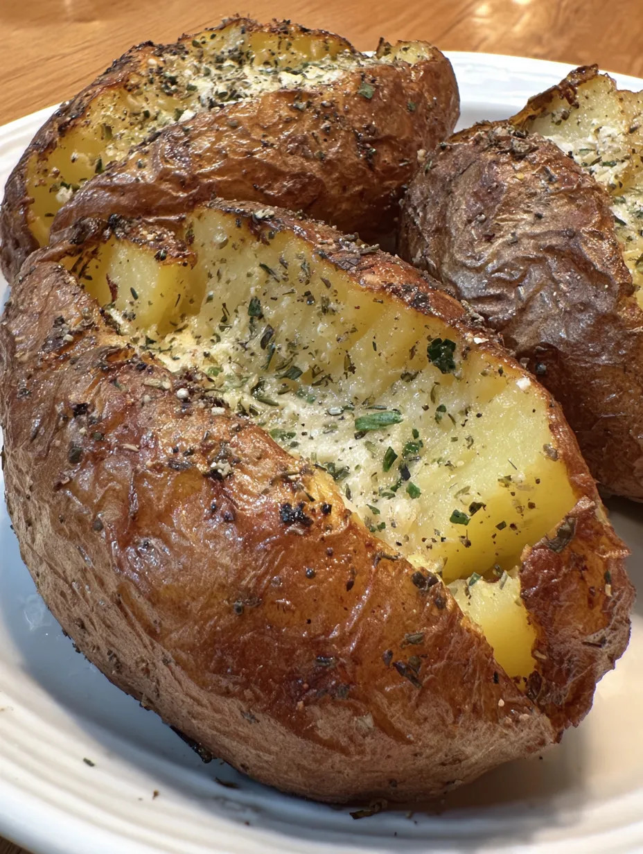 A plate of baked potatoes with seasoning.