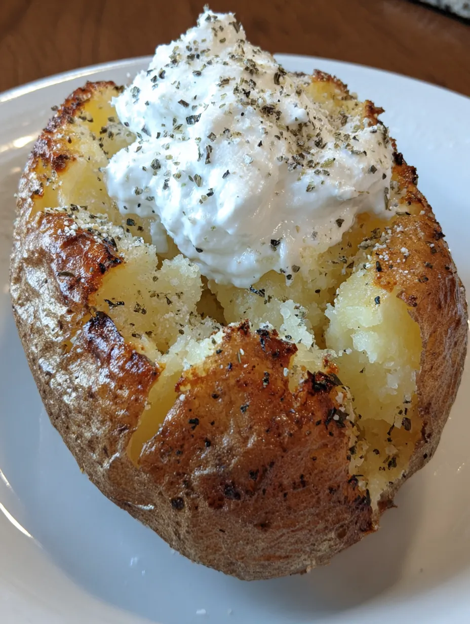 A baked potato with white cheese on top.