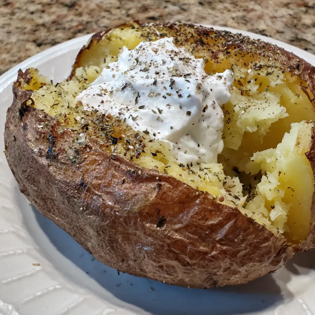 A baked potato with white cheese and herbs on top.