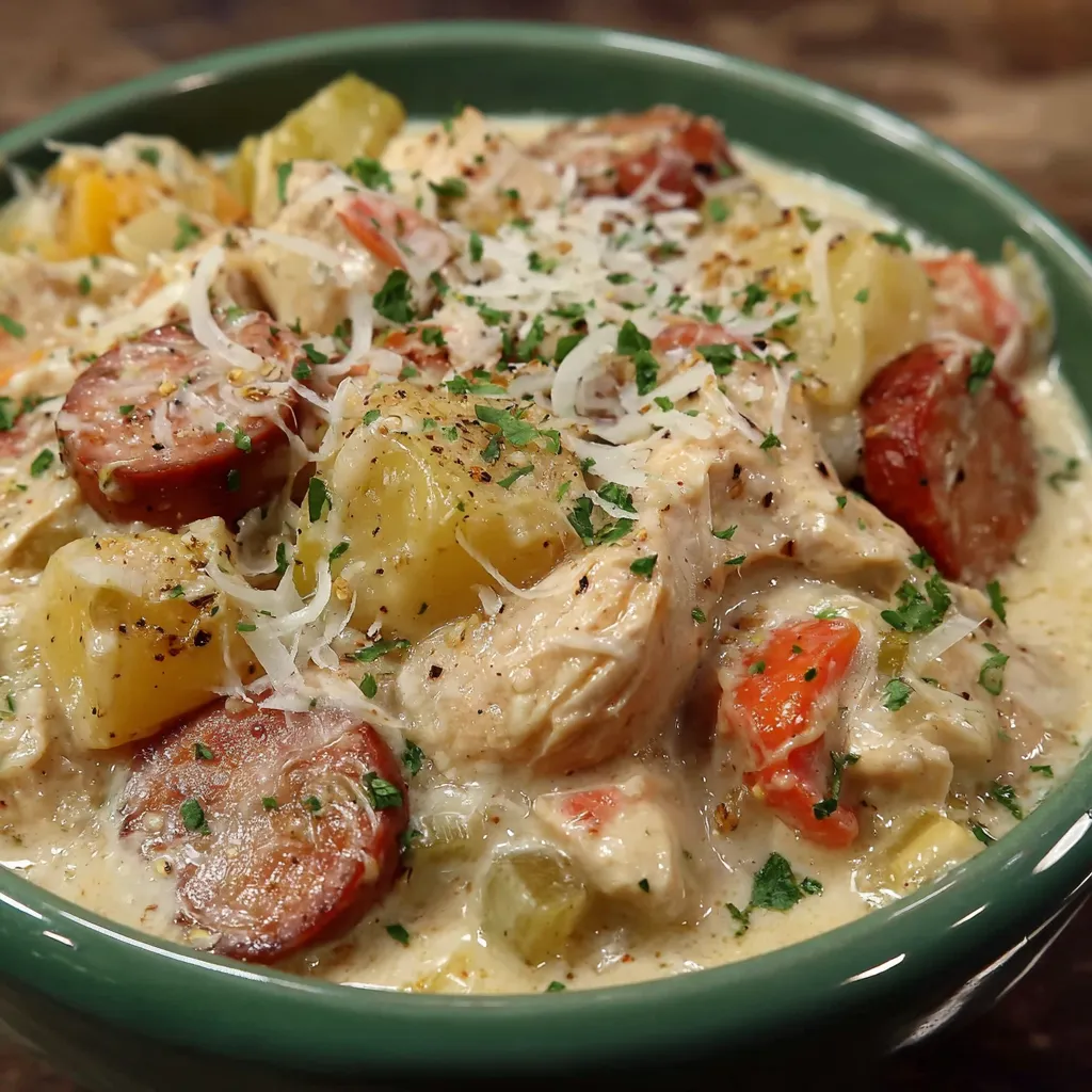 A bowl of chicken, sausage and potato stew.