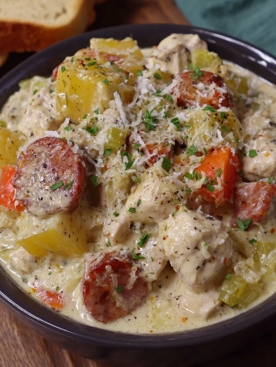 A bowl of creamy chicken, sausage and potato stew.