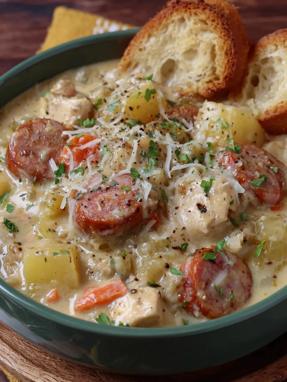 A bowl of food with sausage and potatoes.