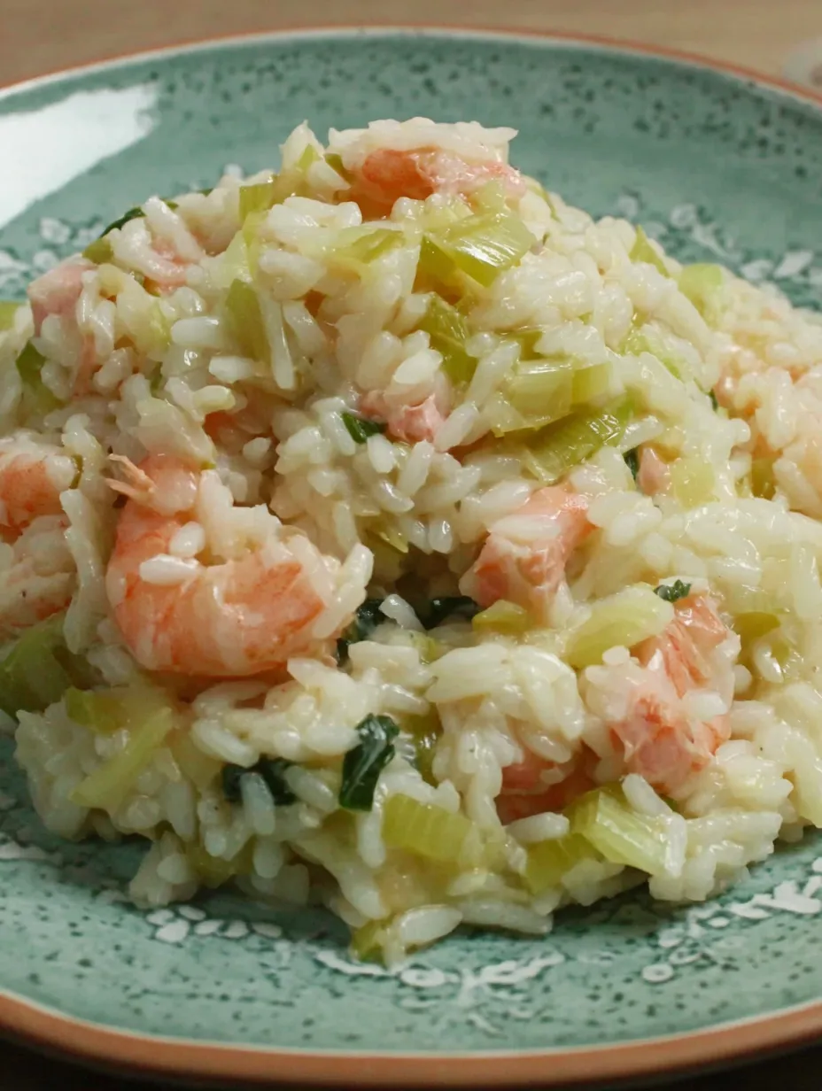 A plate of shrimp and leek risotto.