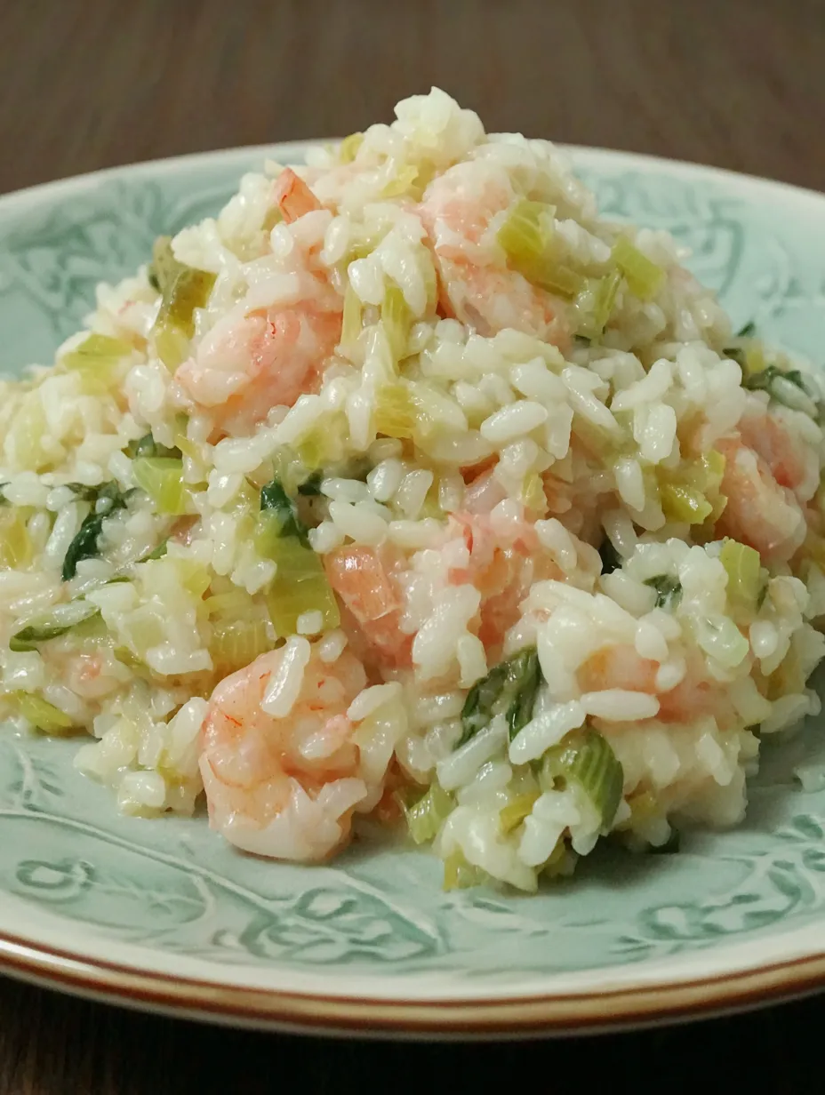 A plate of shrimp and leek risotto.