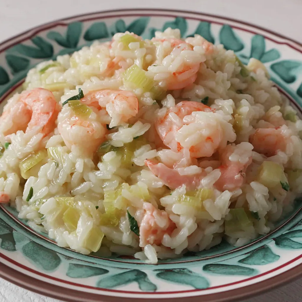 A plate of shrimp and leek risotto.