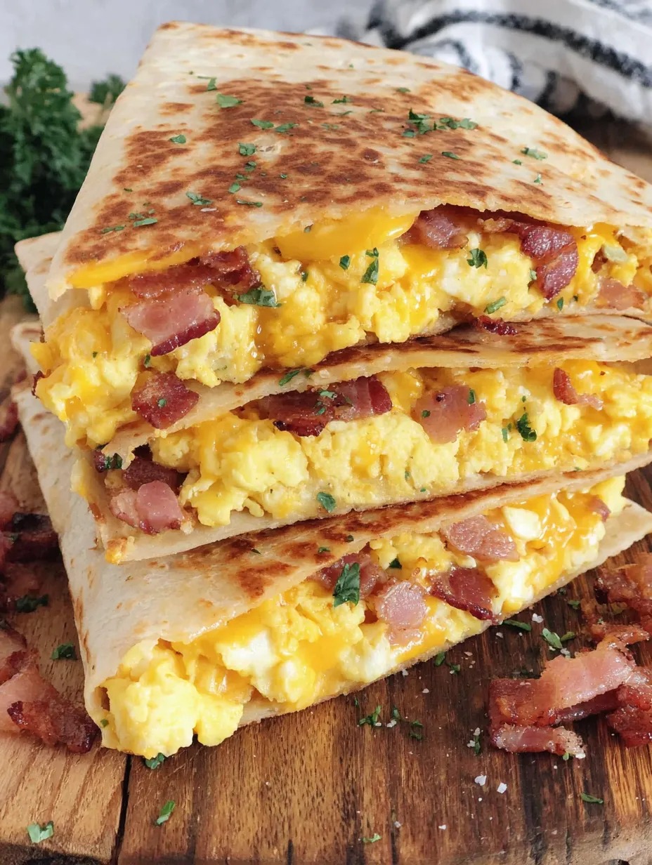 A breakfast quesadilla with bacon and cheese.