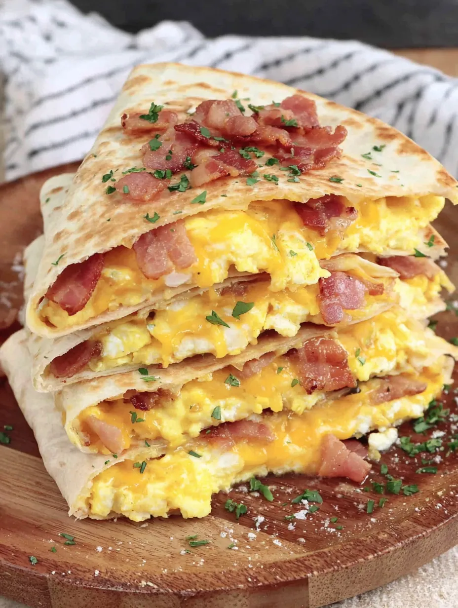 A breakfast quesadilla with bacon and eggs.
