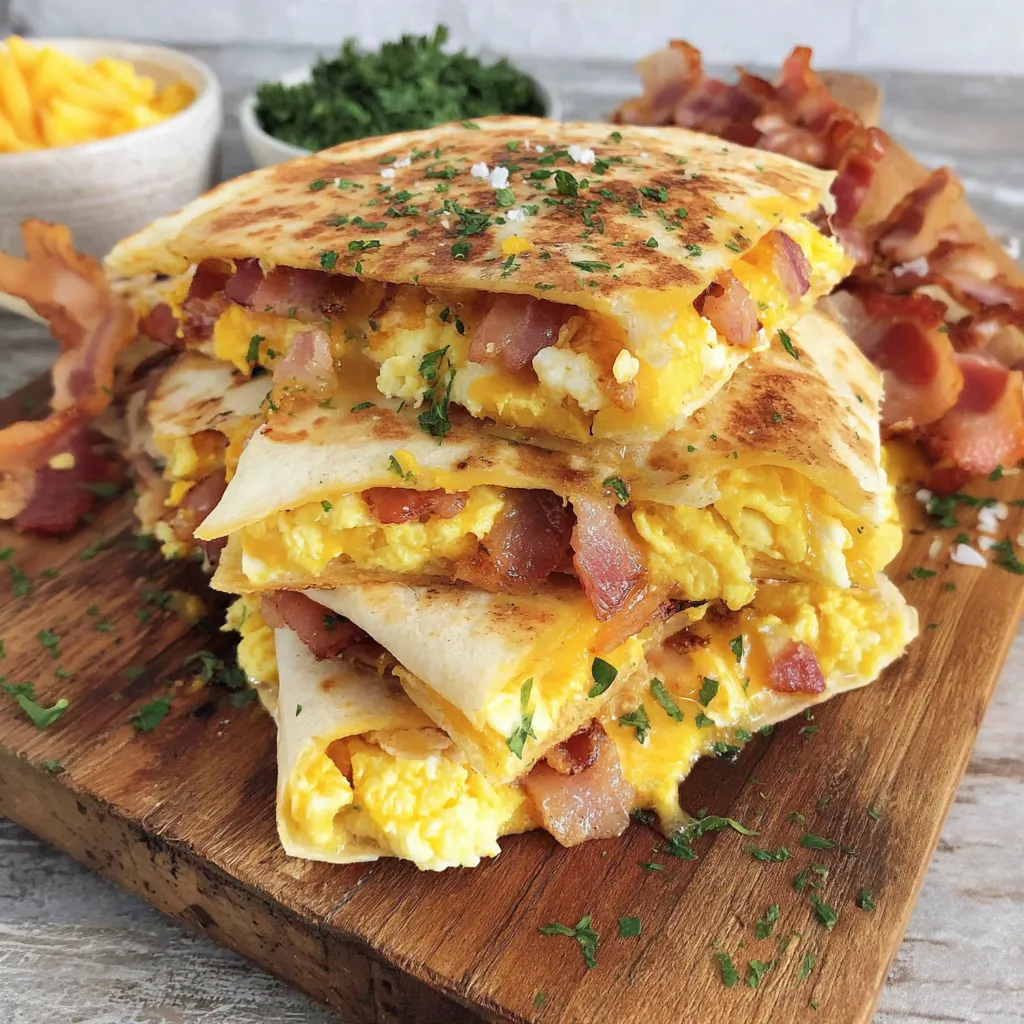A stack of breakfast quesadillas with bacon and cheese.