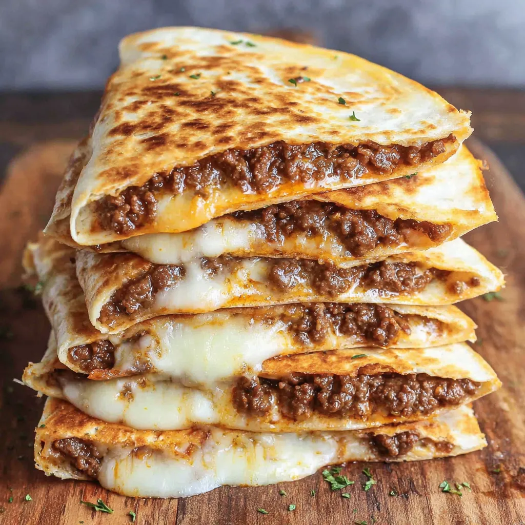 A stack of quesadillas with meat and cheese.