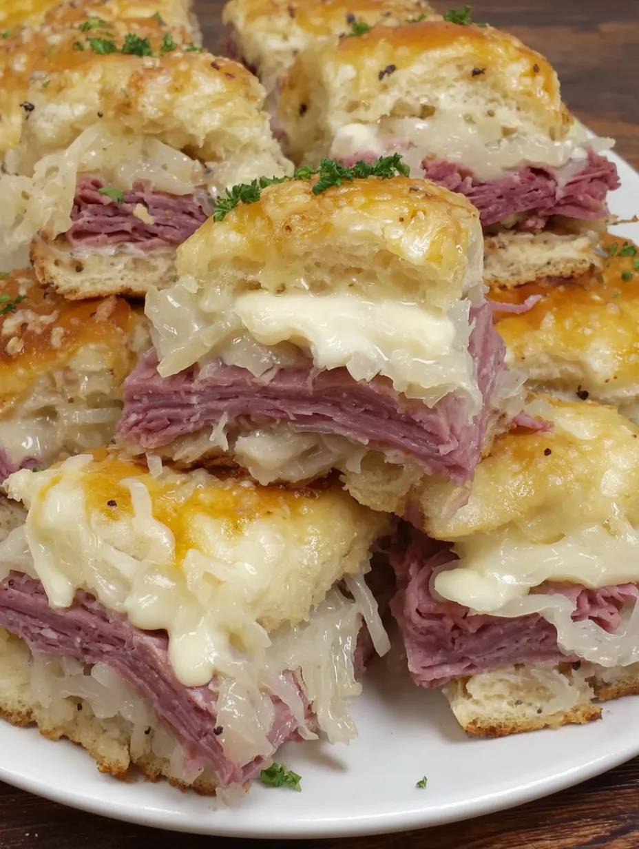 A stack of Reuben sandwiches.