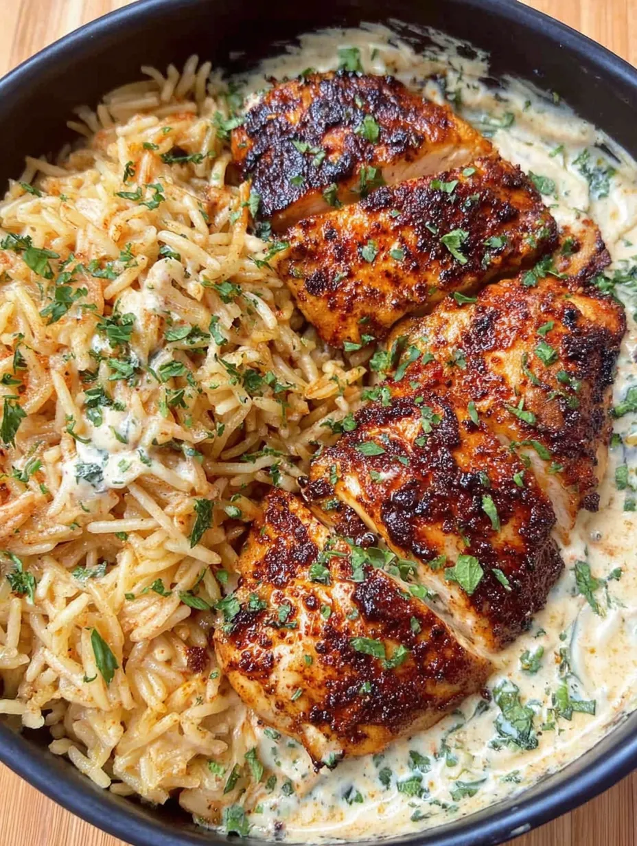 A plate of rice and chicken with a creamy sauce.