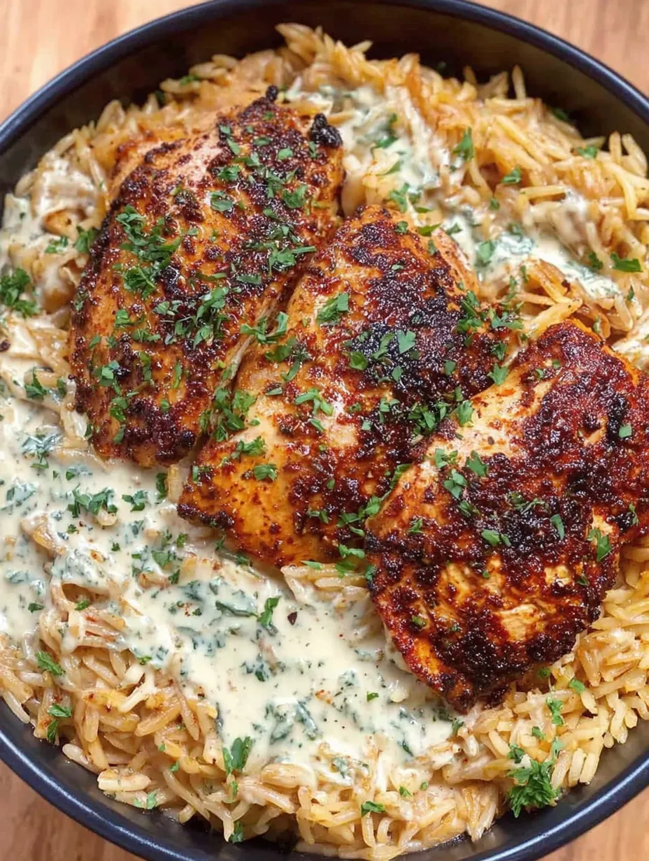 A bowl of rice and chicken with a creamy sauce.