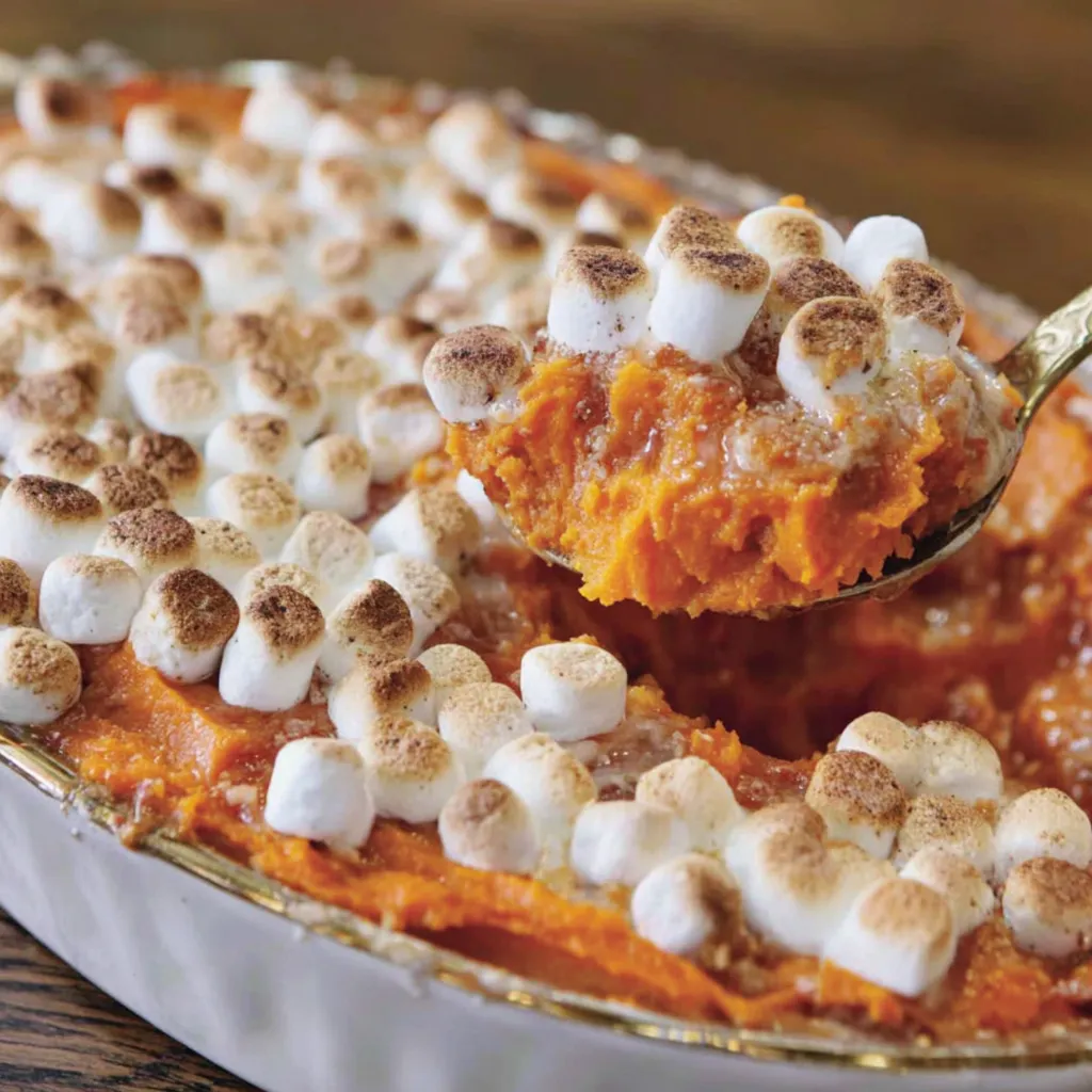 A spoon is in a dish of sweet potato casserole with marshmallows.