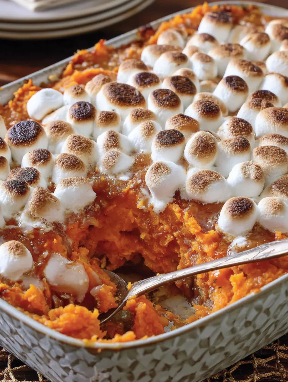 A slice of sweet potato casserole with marshmallows.
