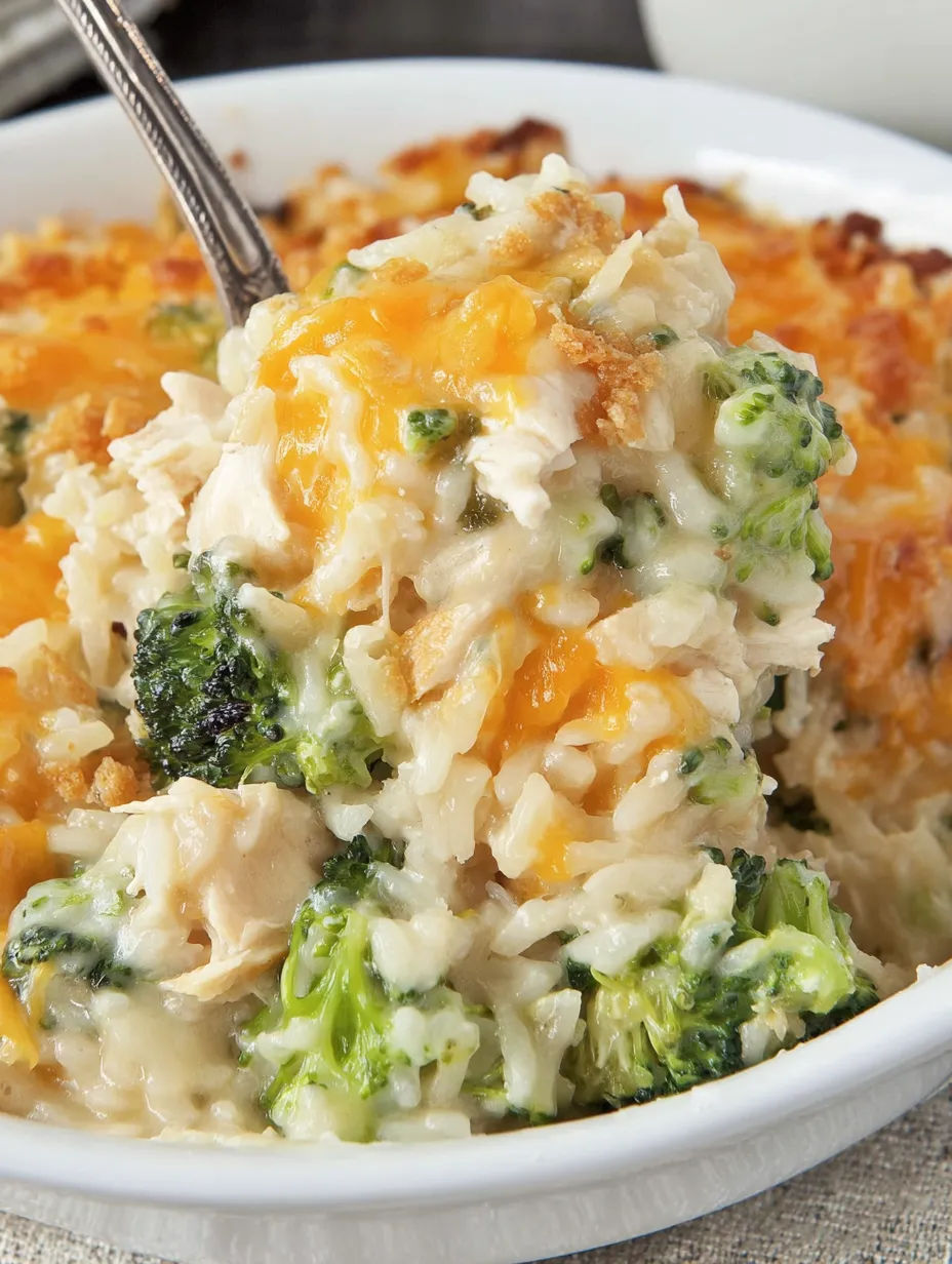 A bowl of cheesy chicken broccoli rice casserole with ritz cracker topping.
