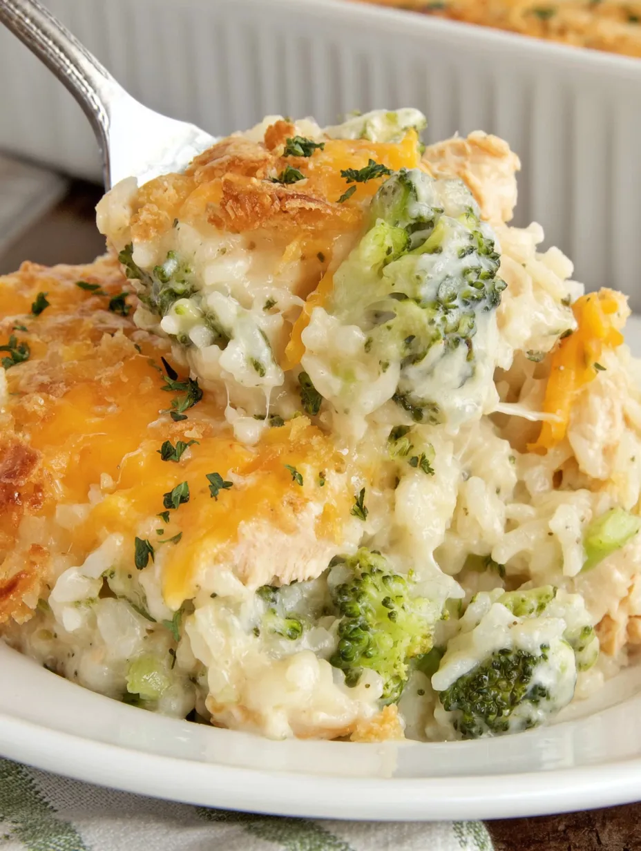 A close up of a cheesy chicken broccoli rice casserole with a ritz cracker topping.