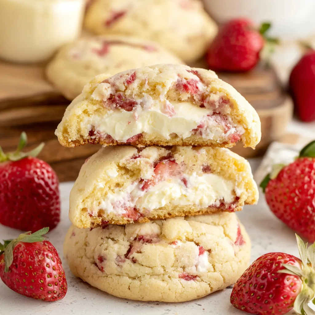 A stack of three strawberry cheesecake cookies.