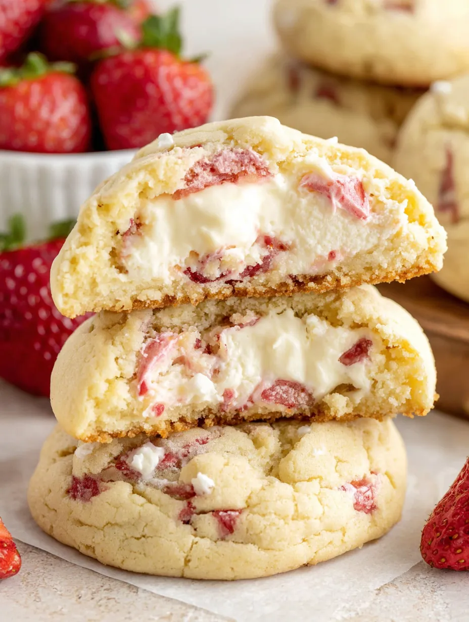 A stack of three strawberry cheesecake cookies.