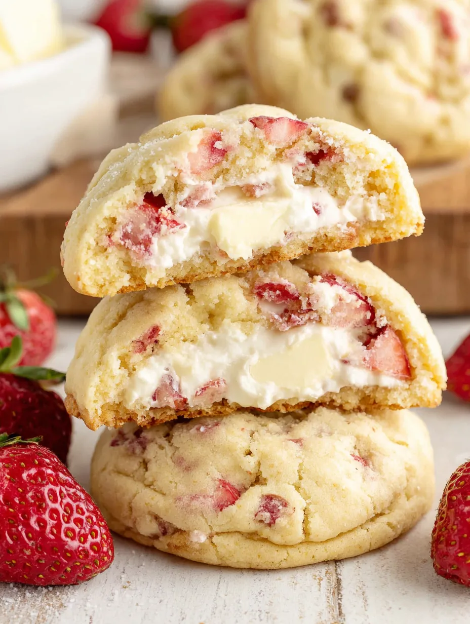 Three stacked strawberry cheesecake cookies.
